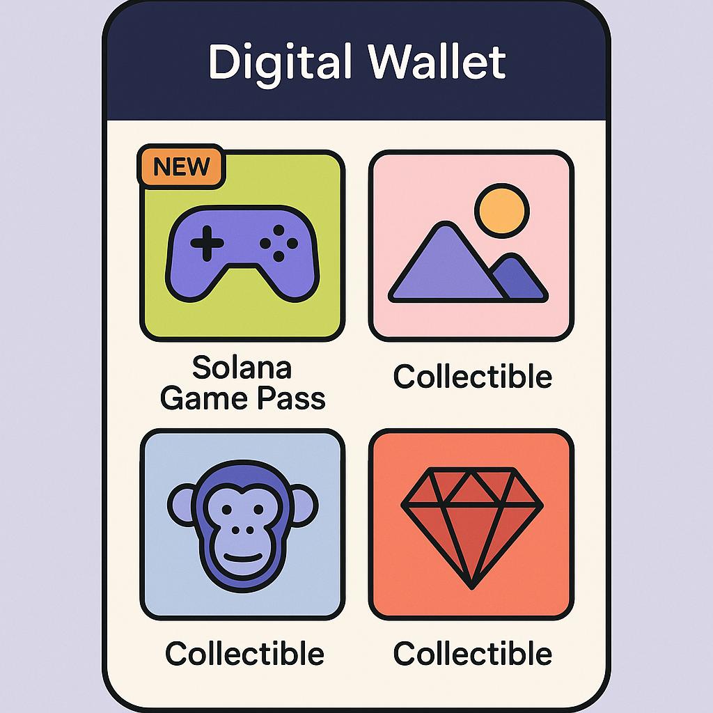 A digital wallet interface showing the new Solana Game Pass NFT among other collectibles.