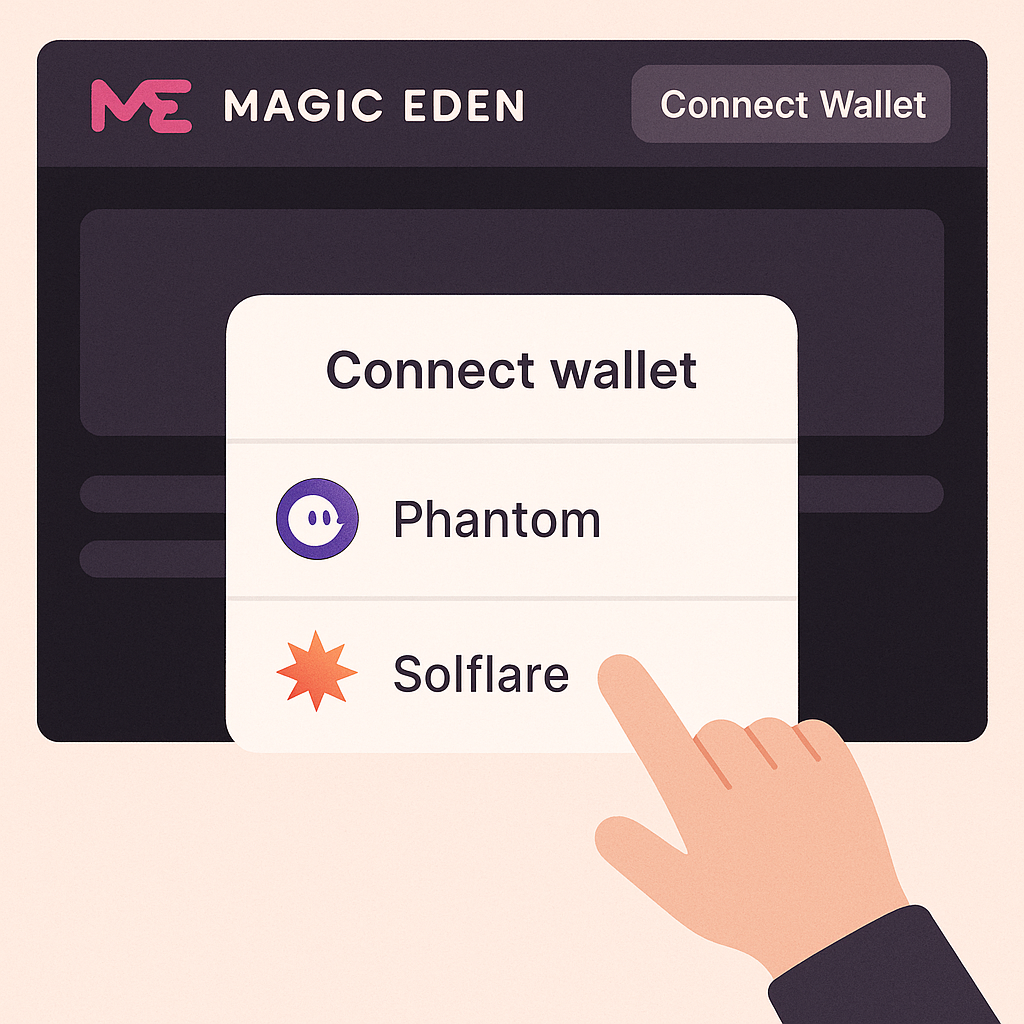 A user clicking 'Connect Wallet' on Magic Eden, with a pop-up showing wallet options like Phantom and Solflare.