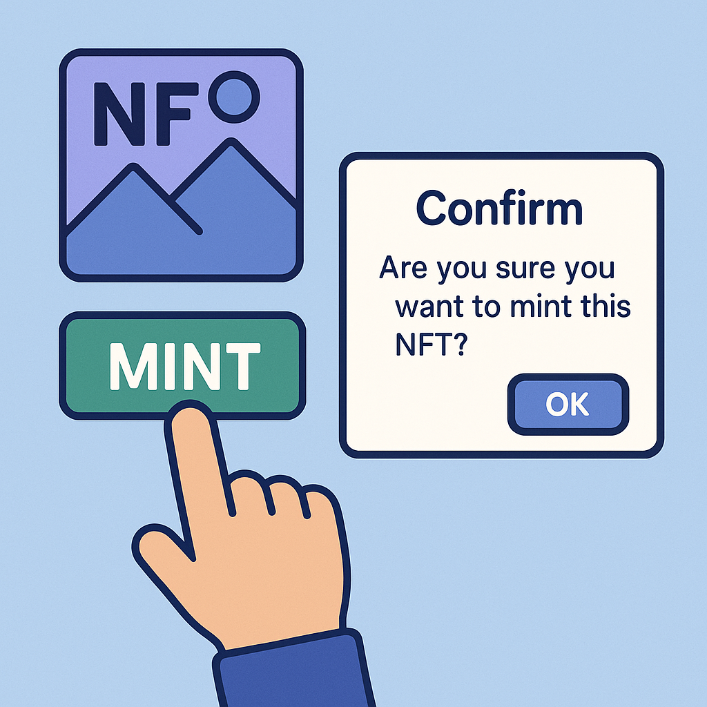 A finger pressing the 'Mint' button on a digital screen, with NFT graphics and a confirmation pop-up.