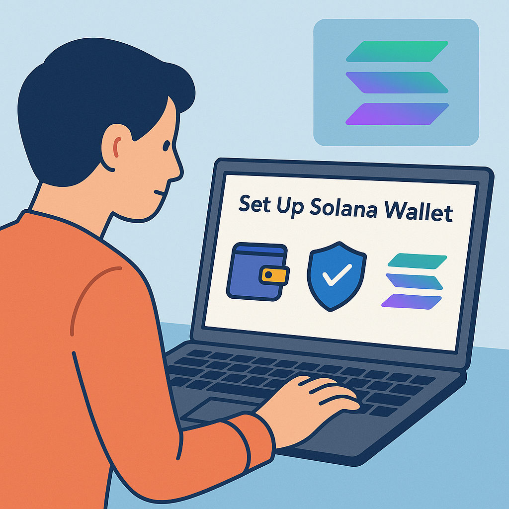 A person setting up a Solana wallet on their laptop, with digital wallet icons and Solana logo visible.