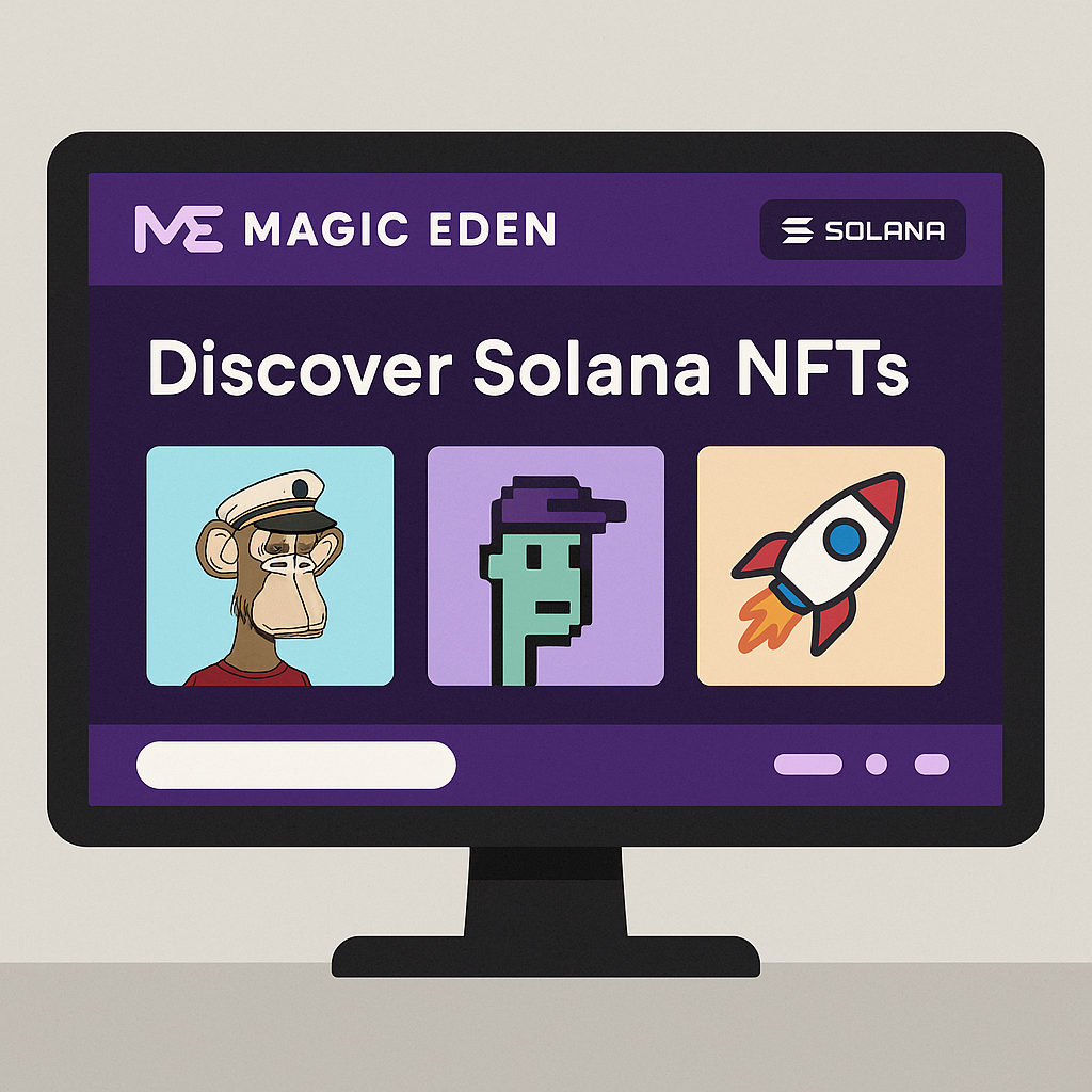 A computer screen displaying the Magic Eden homepage, with the Solana logo and NFT graphics.