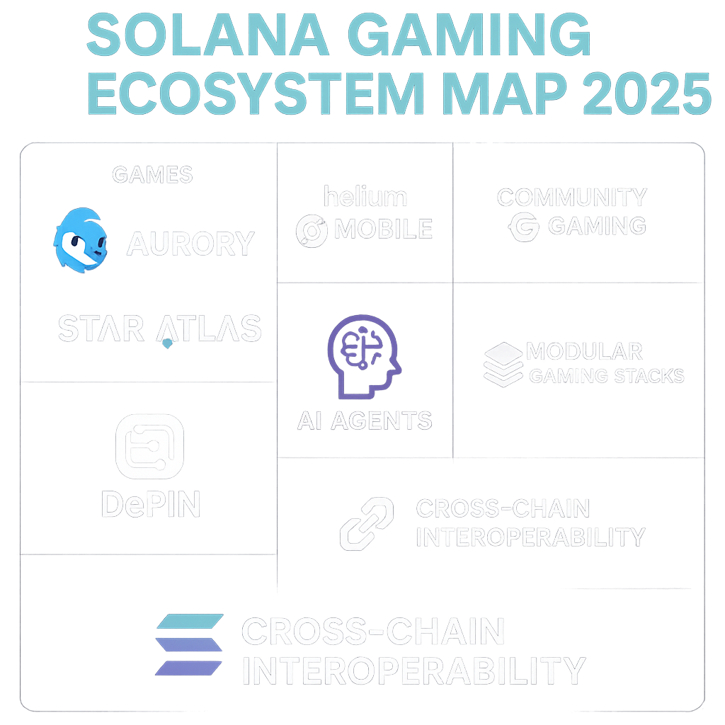 Colorful Solana gaming ecosystem map 2025 featuring logos of Aurory, Star Atlas, Helium Mobile, Community Gaming, and other key projects, categories, and trends like DePIN, AI agents, modular gaming stacks, and cross-chain solutions.