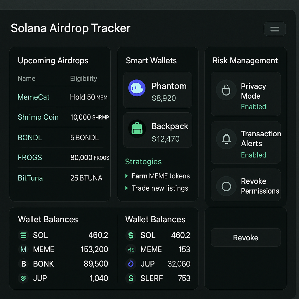 Solana dashboard with airdrop trackers, smart wallet interfaces, and risk management tools for shitcoin trading