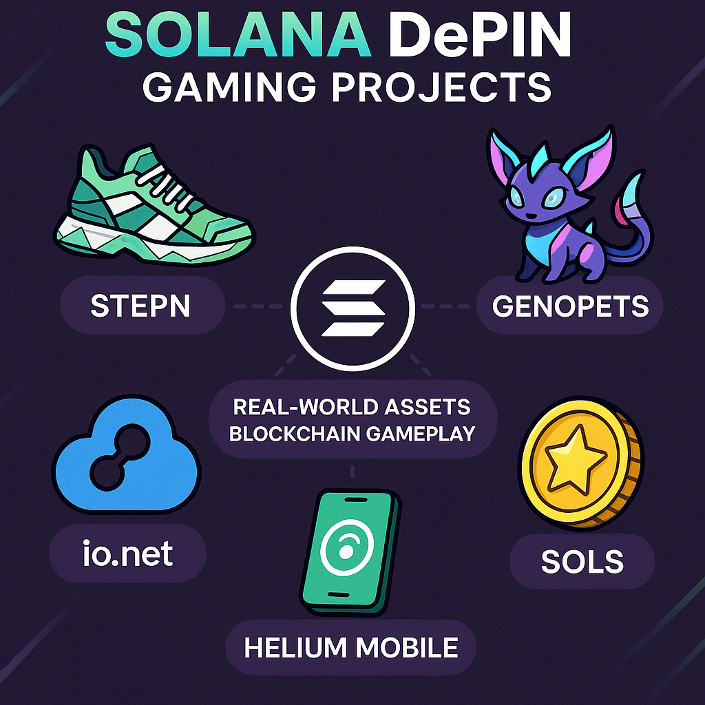 Dynamic visual of top Solana DePIN gaming projects—STEPN, Genopets, io.net, Helium Mobile, and SOLS—showcasing real-world assets integrated with blockchain gameplay for 2025.