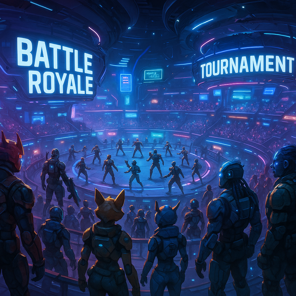 Panoramic view of Solnite tournament arena filled with player avatars in a futuristic battle royale setting