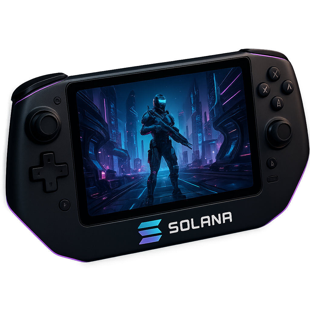 Sleek Play Solana gaming device displaying an immersive futuristic game screen