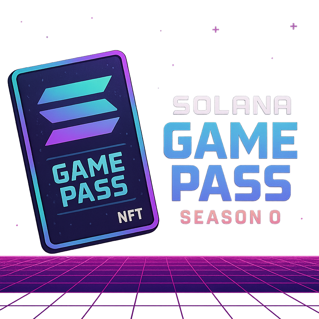 Vibrant banner featuring Solana Game Pass Season 0 NFT artwork with colorful gaming-themed visuals