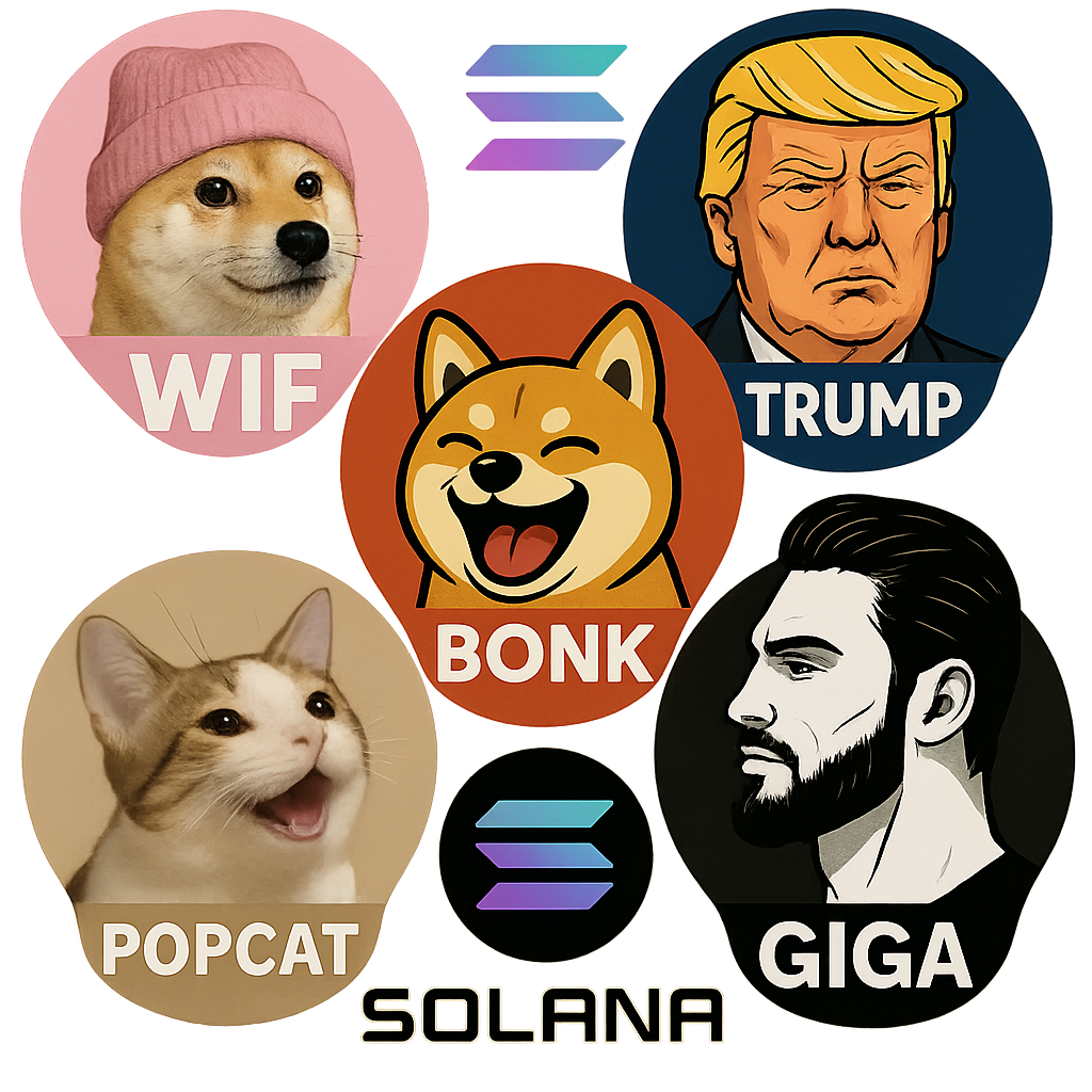 Collage of top Solana memecoins logos: Dogwifhat (WIF), Bonk (BONK), TRUMP, Popcat (POPCAT), and Gigachad (GIGA)