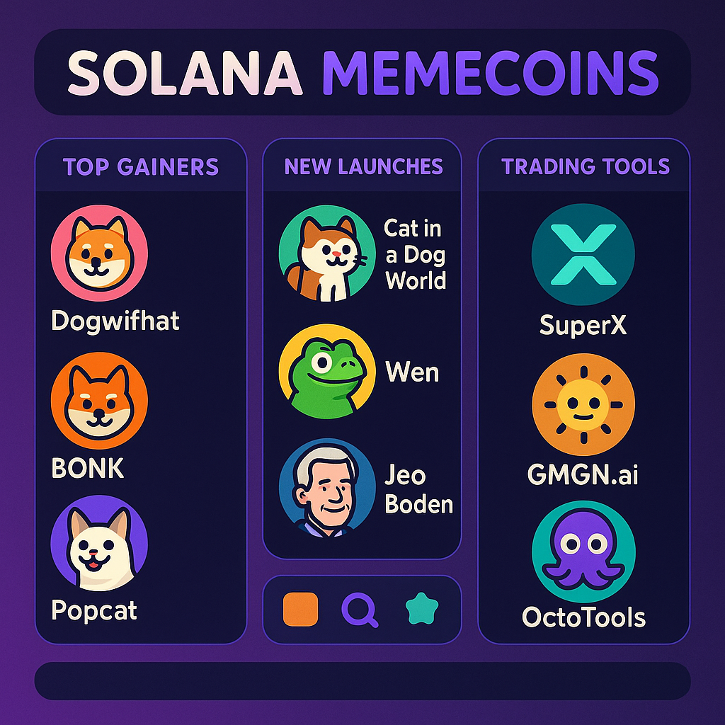 Solana memecoin dashboard featuring top gainers, new launches, and trading tools like Dogwifhat, BONK, Popcat, Cat in a Dog World, Wen, Jeo Boden, SuperX, GMGN.ai, and OctoTools
