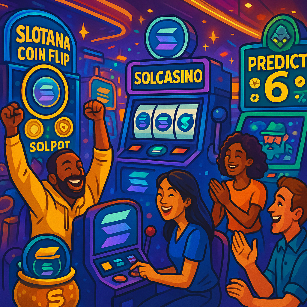 Vibrant digital casino scene with Solana logos, slot machines, happy players, and icons representing Solcasino, Slotana Coin Flip, Solpot, Predict 6, and GNME MININGA