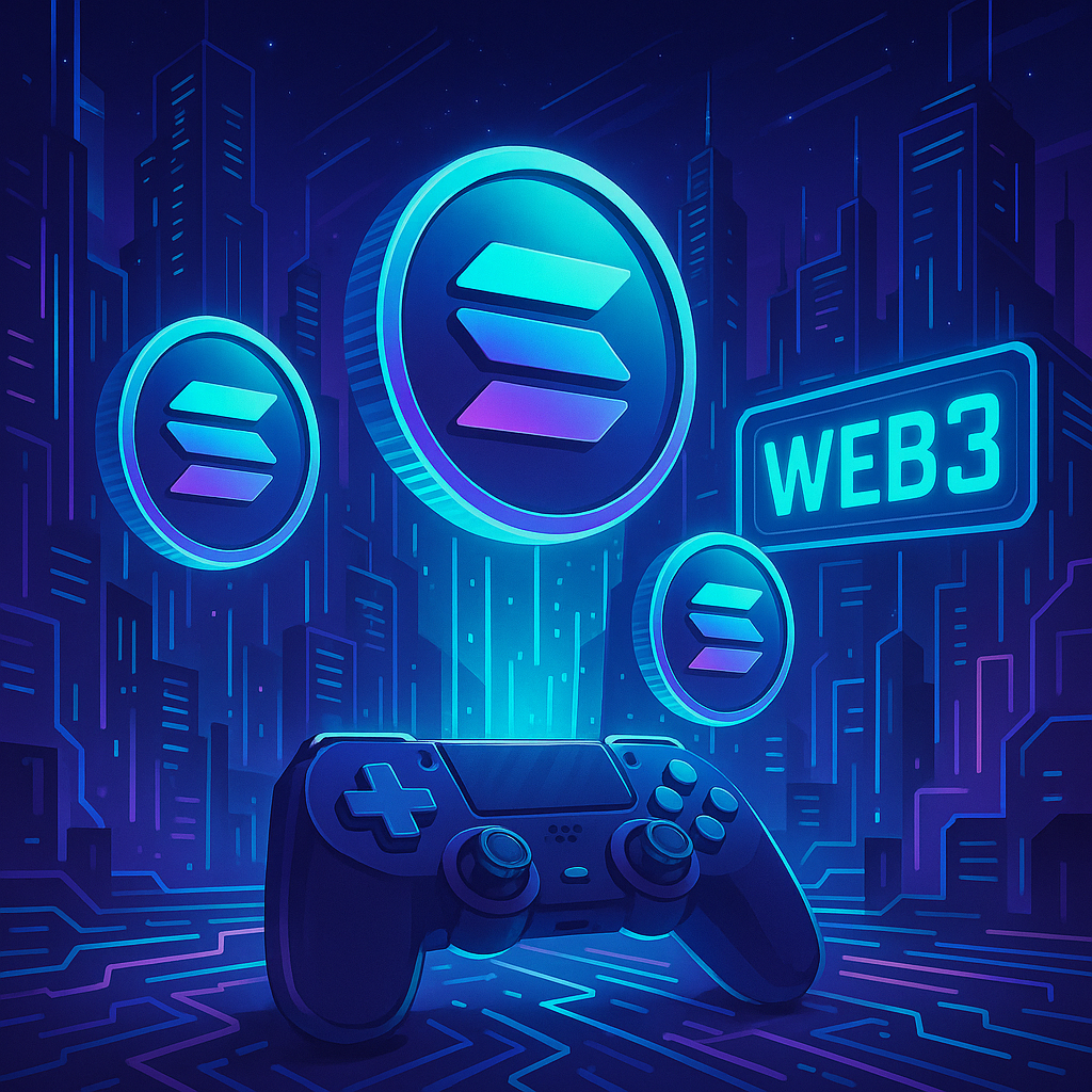 SOL tokens energizing a futuristic Web3 gaming environment with vibrant digital graphics