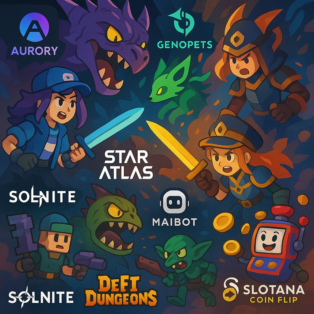 Colorful collage featuring Aurory characters battling monsters, alongside visuals from top Solana blockchain games Star Atlas, Genopets, Solnite, DeFi Dungeons, Maibot, and Slotana Coin Flip, highlighting NFT and play-to-earn innovation for 2025.