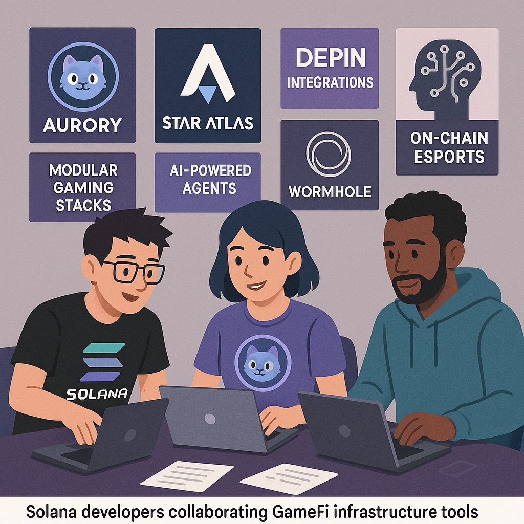 Developers collaborating on Solana GameFi infrastructure tools, featuring Aurory, Star Atlas, DePIN integrations, AI agents, modular gaming stacks, and cross-chain solutions in 2025