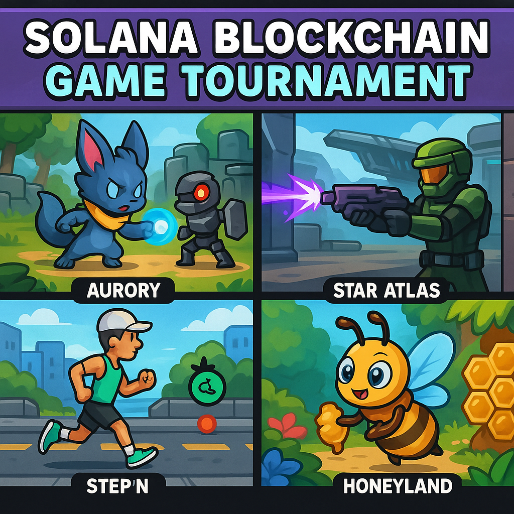 Exciting gameplay from Solana blockchain game tournament featuring Aurory, Star Atlas, Ev.io, StepN, and Honeyland with players earning rewards