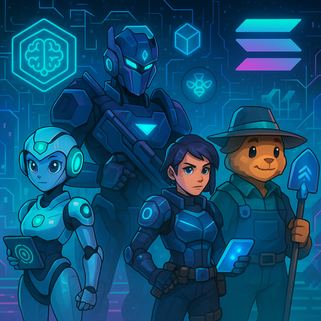 Futuristic RPG characters representing Maibot, Spectron Game, Synesis One: Quest Protocol, Honeyland AI Adventures, and MoonfrostFarm AI Quests in a digital AI and blockchain world on Solana