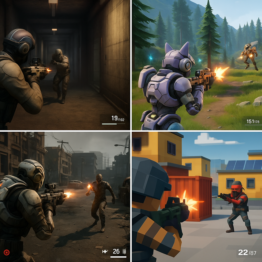 Futuristic Solana shooter game environment featuring BR1: Infinite, Nyan Heroes, Decimated, and Mini Royale: Nations players in intense combat with sci-fi visuals and NFT elements.