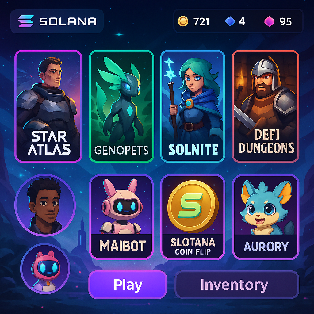Futuristic Solana game interface featuring avatars, NFTs, and logos of top 2025 Solana blockchain games including Star Atlas, Genopets, Solnite, DeFi Dungeons, Maibot, Slotana Coin Flip, and Aurory.