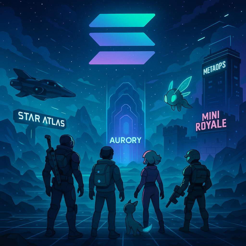Futuristic Solana gaming landscape in 2025 featuring avatars exploring digital worlds from new games like Star Atlas, Aurory: Seekers of Tokane, Genopets, and more