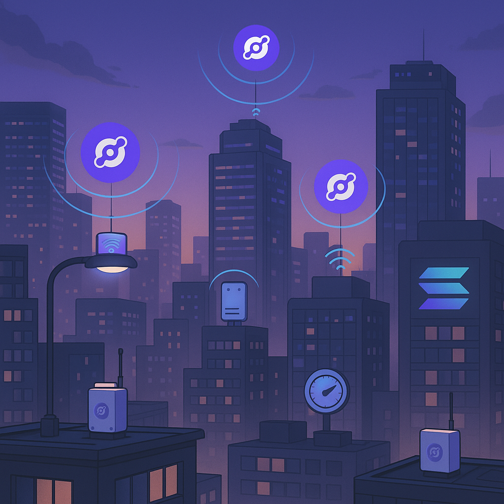 Helium Network hotspots on Solana powering IoT devices in a smart city environment