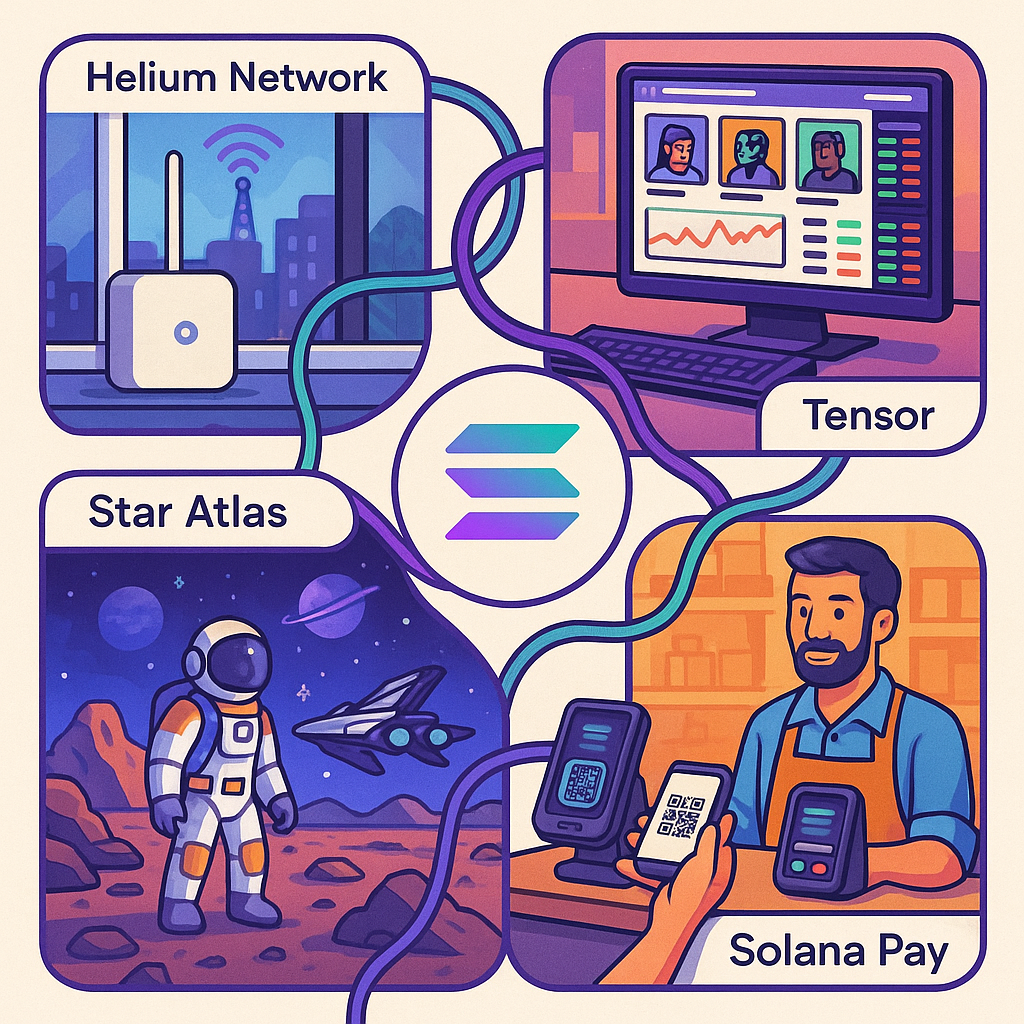 Illustration showing interconnected Solana projects: Helium Network hotspots, Tensor AI NFT dashboard, Star Atlas metaverse game scene, and merchant accepting Solana Pay