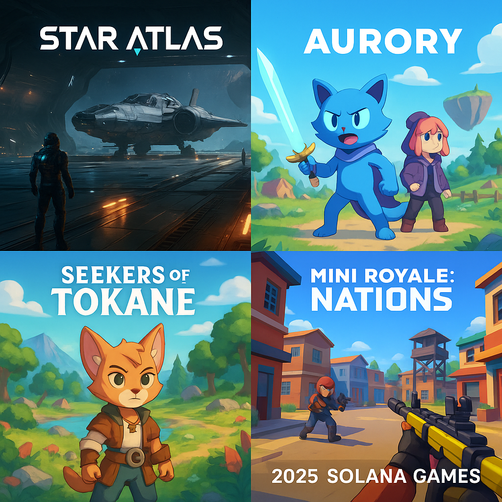 Montage of in-game screenshots from Star Atlas, Aurory: Seekers of Tokane, and Mini Royale: Nations—showcasing new Solana games launched in 2025