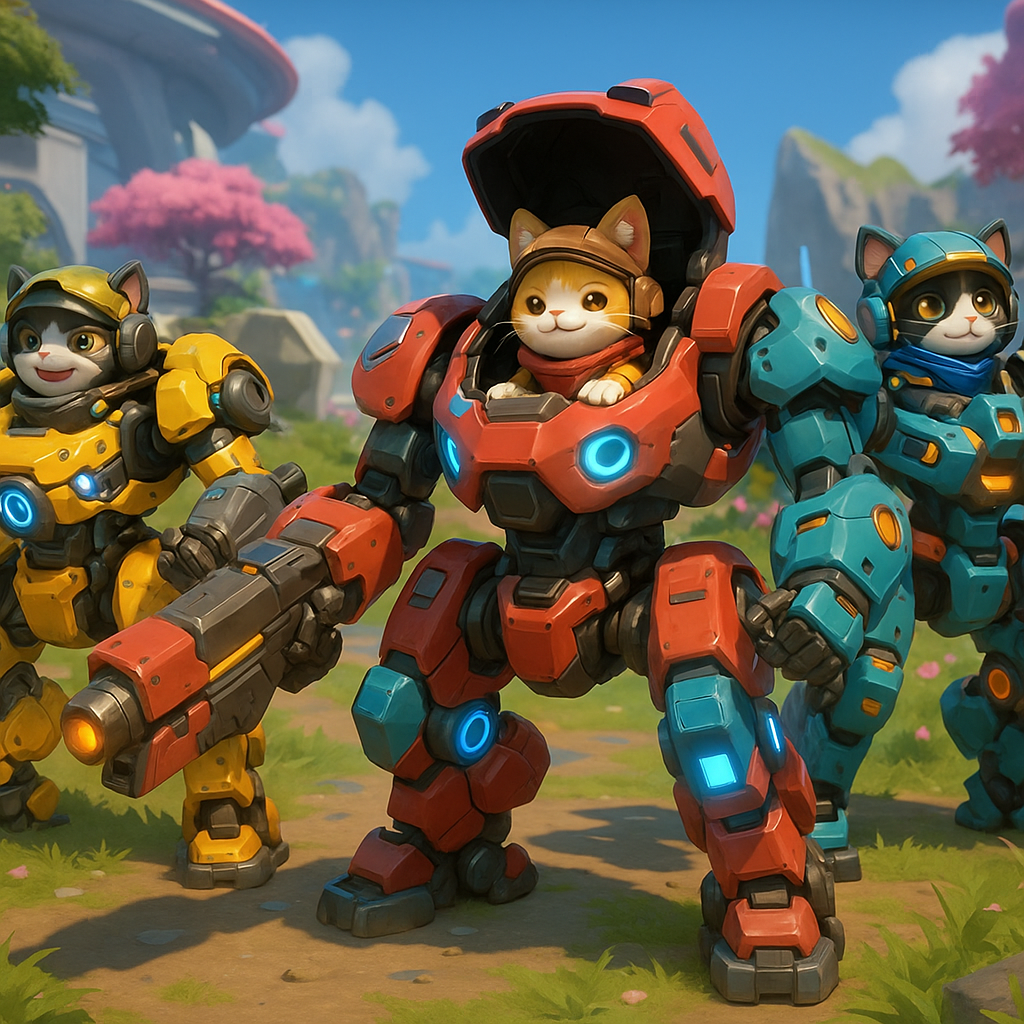 Nyan Heroes gameplay screenshot showing cat pilots inside vibrant, colorful mechs, representing top Solana shooter games for 2025