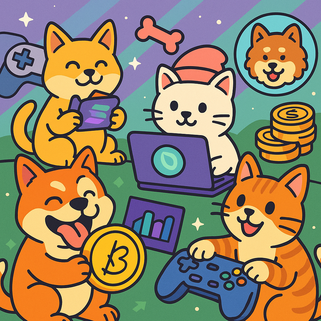 Playful illustration featuring Solana memecoins BONK, SolaPaws, dogwifhat ($WIF), Cat in a Dog's World ($MEOW), and Samoyedcoin ($SAMO) with gaming and DeFi elements, highlighting their utility and community appeal in 2025.