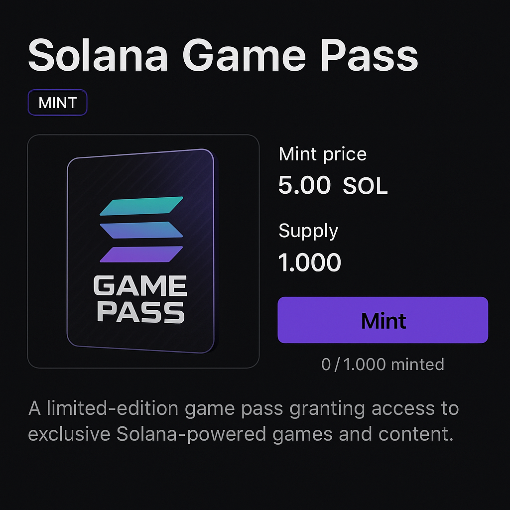 Screenshot of Magic Eden mint page with Solana Game Pass mint button highlighted