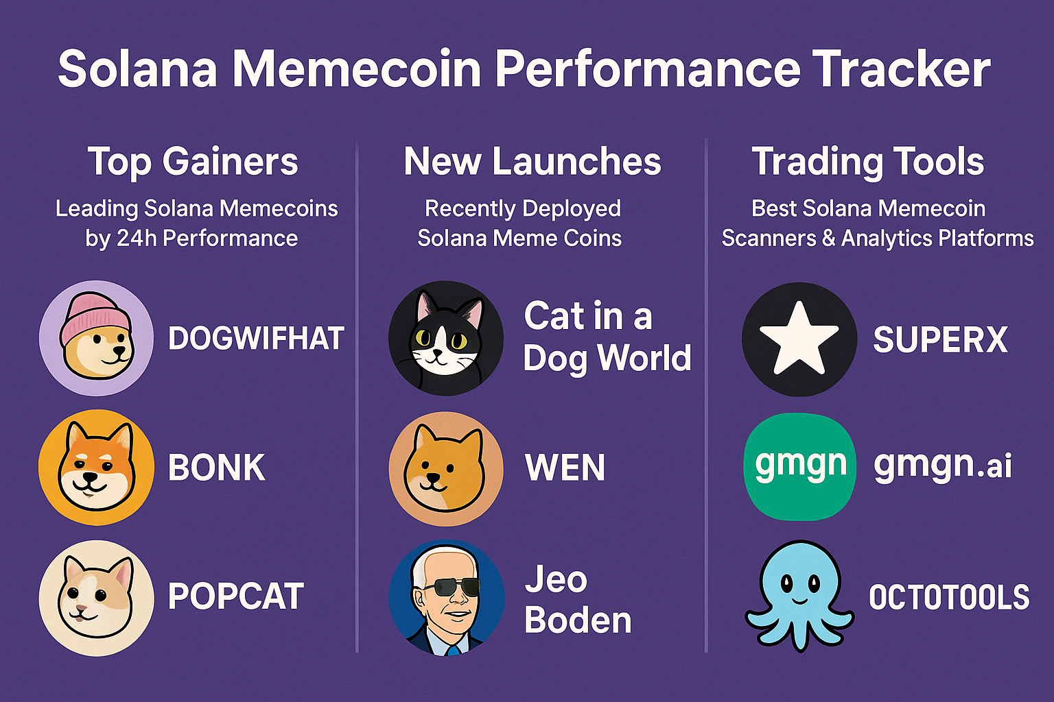 Solana Memecoin Performance Tracker: Top Gainers, New Launches, and Trading Tools