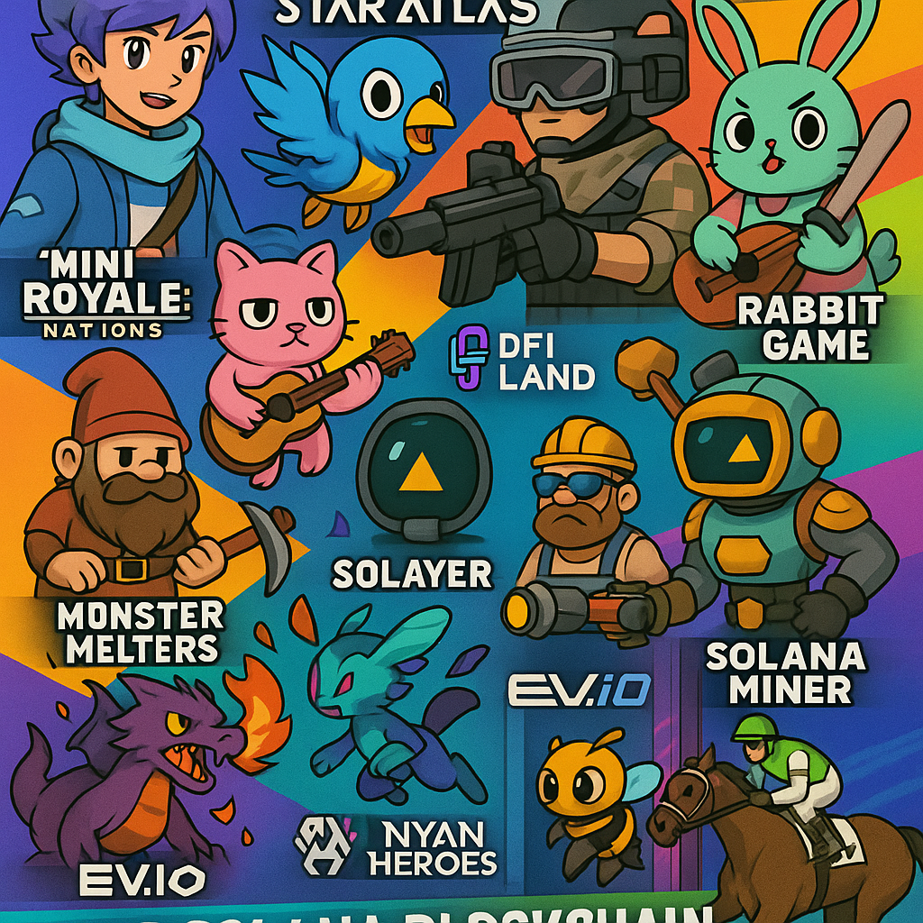 Vibrant collage of characters from Aurory, Star Atlas, Mini Royale: Nations, and other top Solana blockchain games for 2025