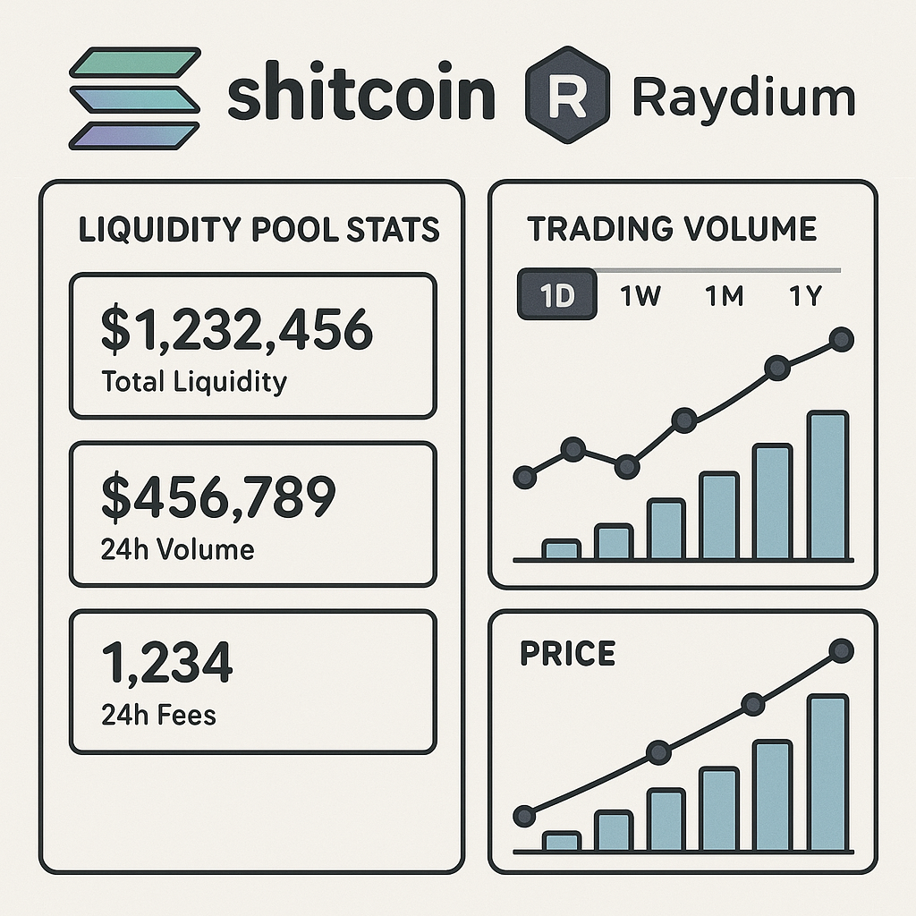 A dashboard view showing liquidity pool stats and trading volume charts for a Solana shitcoin on Raydium.