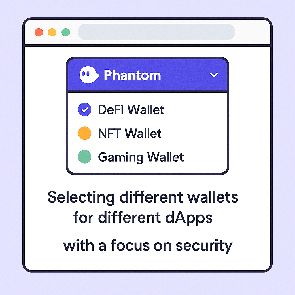 A browser window with Phantom wallet dropdown, selecting different wallets for different dApps, with a focus on security.