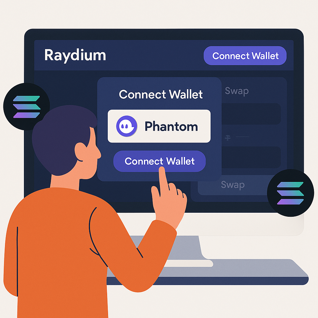 A user connecting their Phantom wallet to the Raydium DEX interface on a computer screen, with Solana logos visible.
