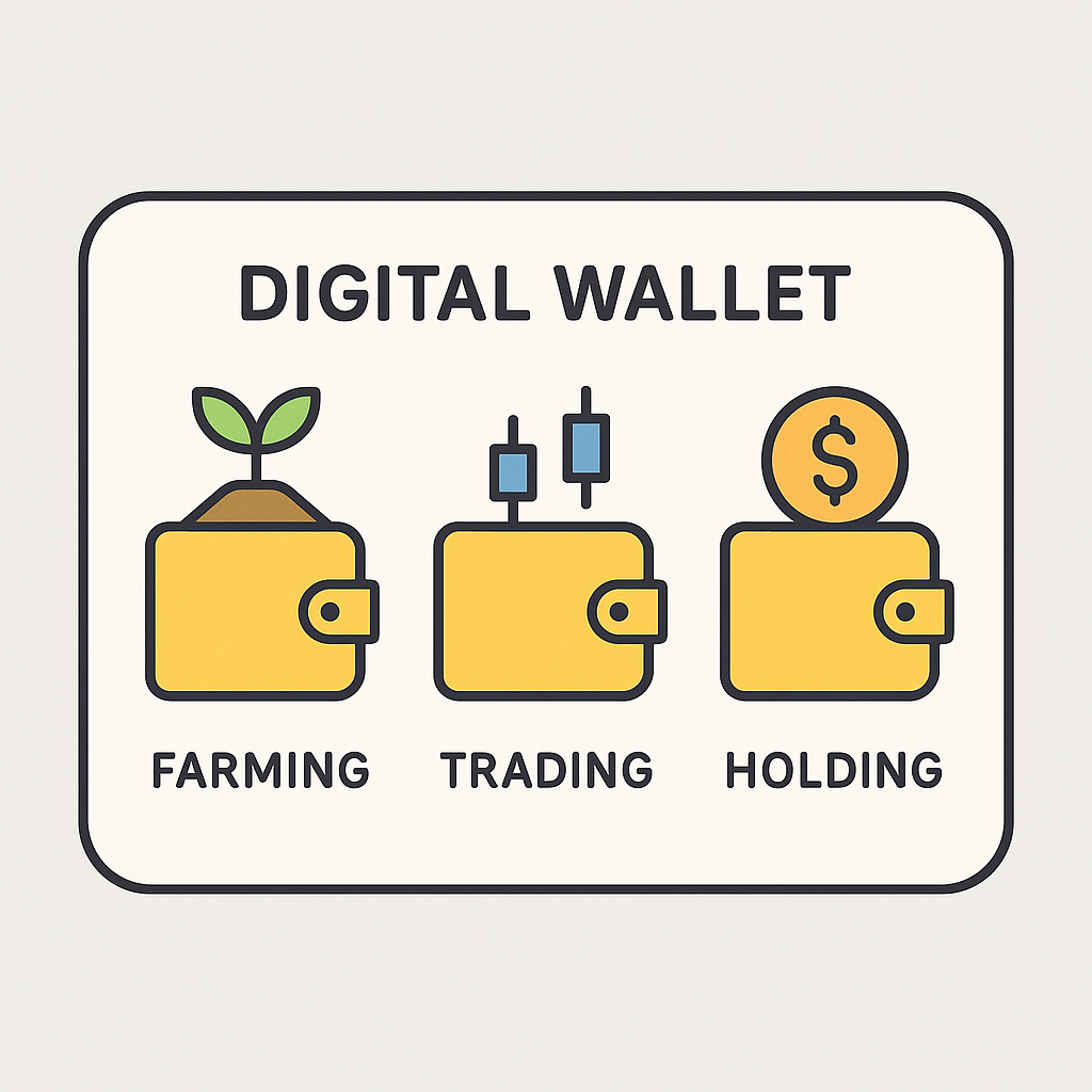 A digital wallet interface showing three wallets labeled 'Farming', 'Trading', and 'Holding' with distinct icons.