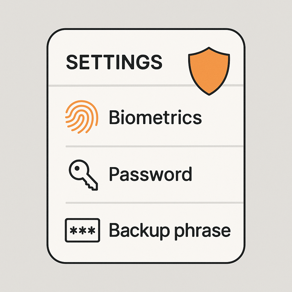 A settings screen showing security options like biometrics, password, and backup phrase, with a shield icon.
