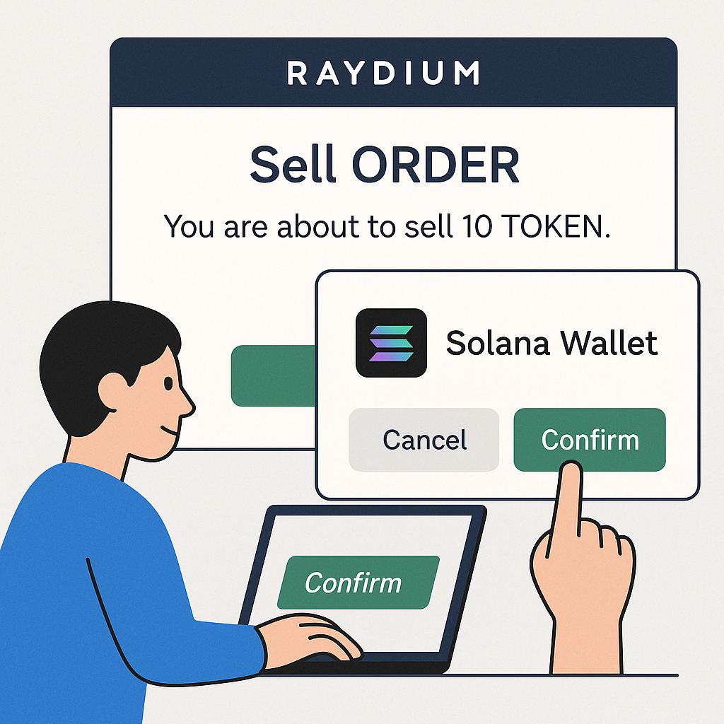 A user confirming a sell order on Raydium, with a confirmation message and Solana wallet pop-up.
