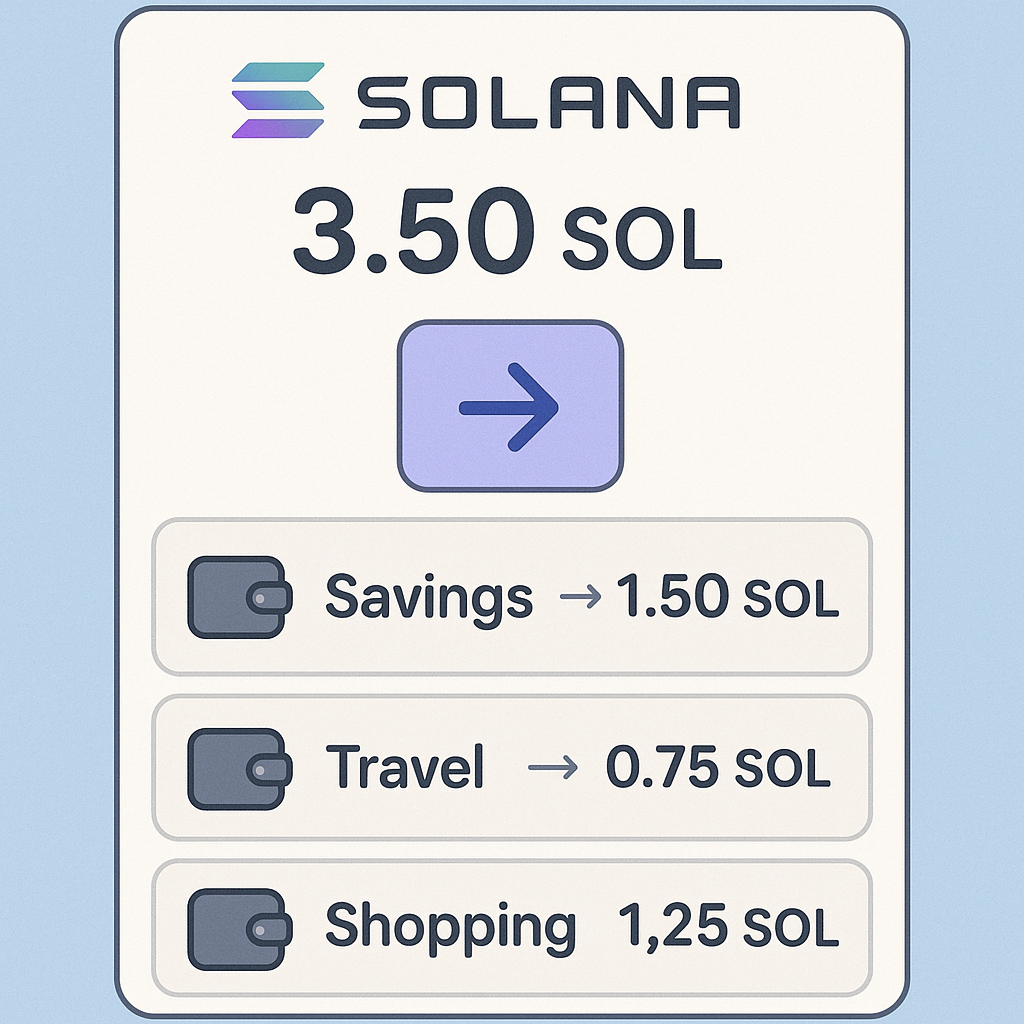 A Solana wallet interface with different amounts of SOL being sent to three separate wallets labeled for different purposes.