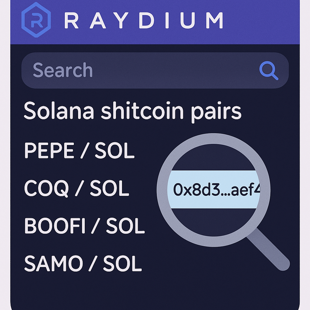 A close-up of the Raydium trading interface with a search bar and a list of Solana shitcoin pairs, highlighting a contract address check.