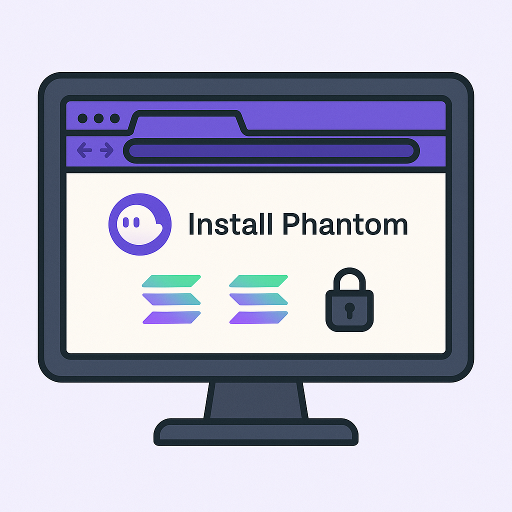 A computer screen displaying the Phantom wallet extension installation page with Solana logos and a secure lock icon.