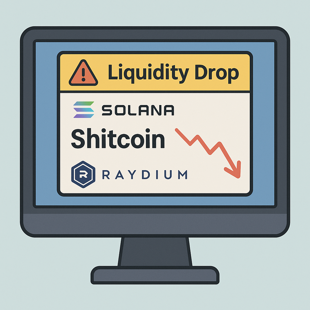 A notification on a computer screen showing a sudden liquidity drop for a Solana shitcoin on Raydium.