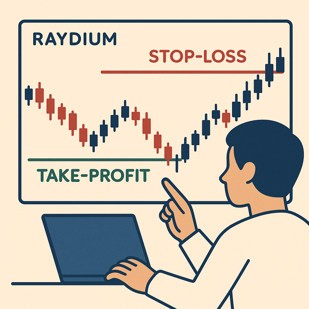 A trading chart with marked stop-loss and take-profit lines, and a user planning trade exits on Raydium.