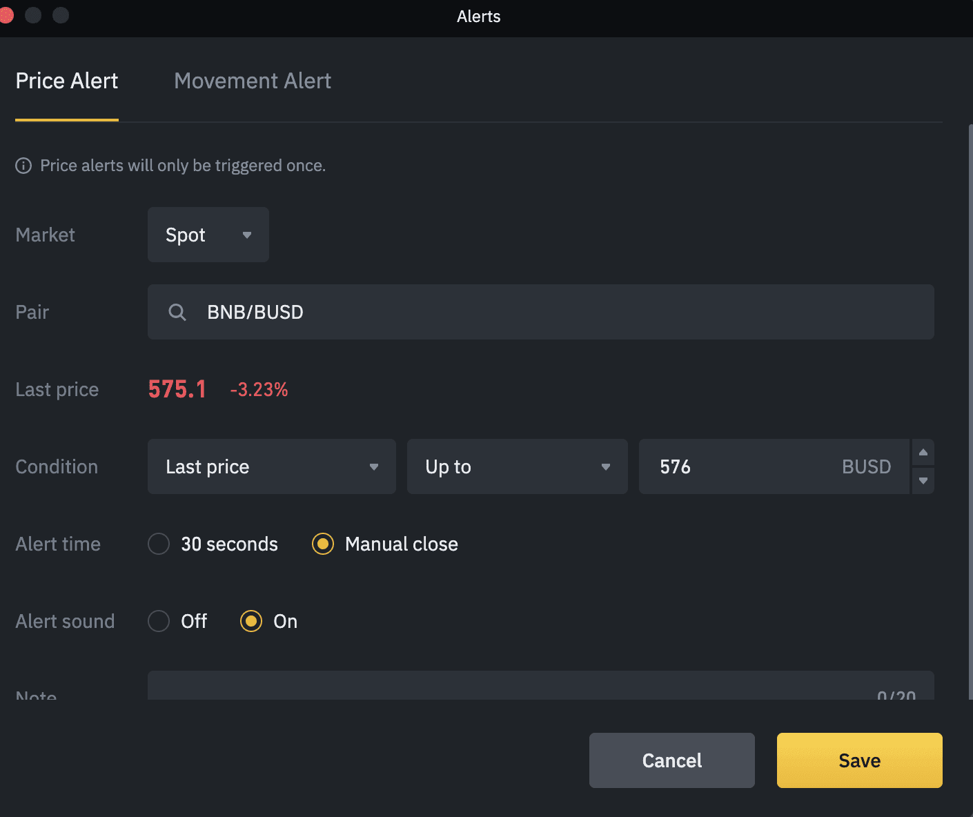 Solana price alert setup on Binance