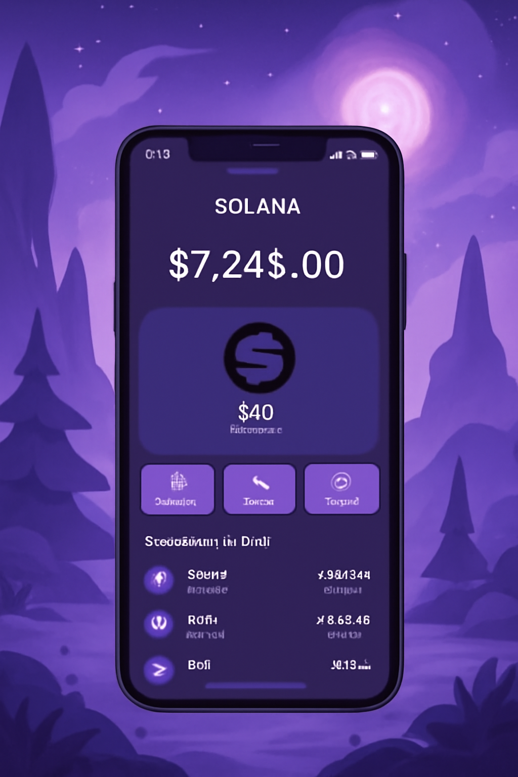 sleek Solana wallet app interface on mystical fantasy background, glowing purple hues