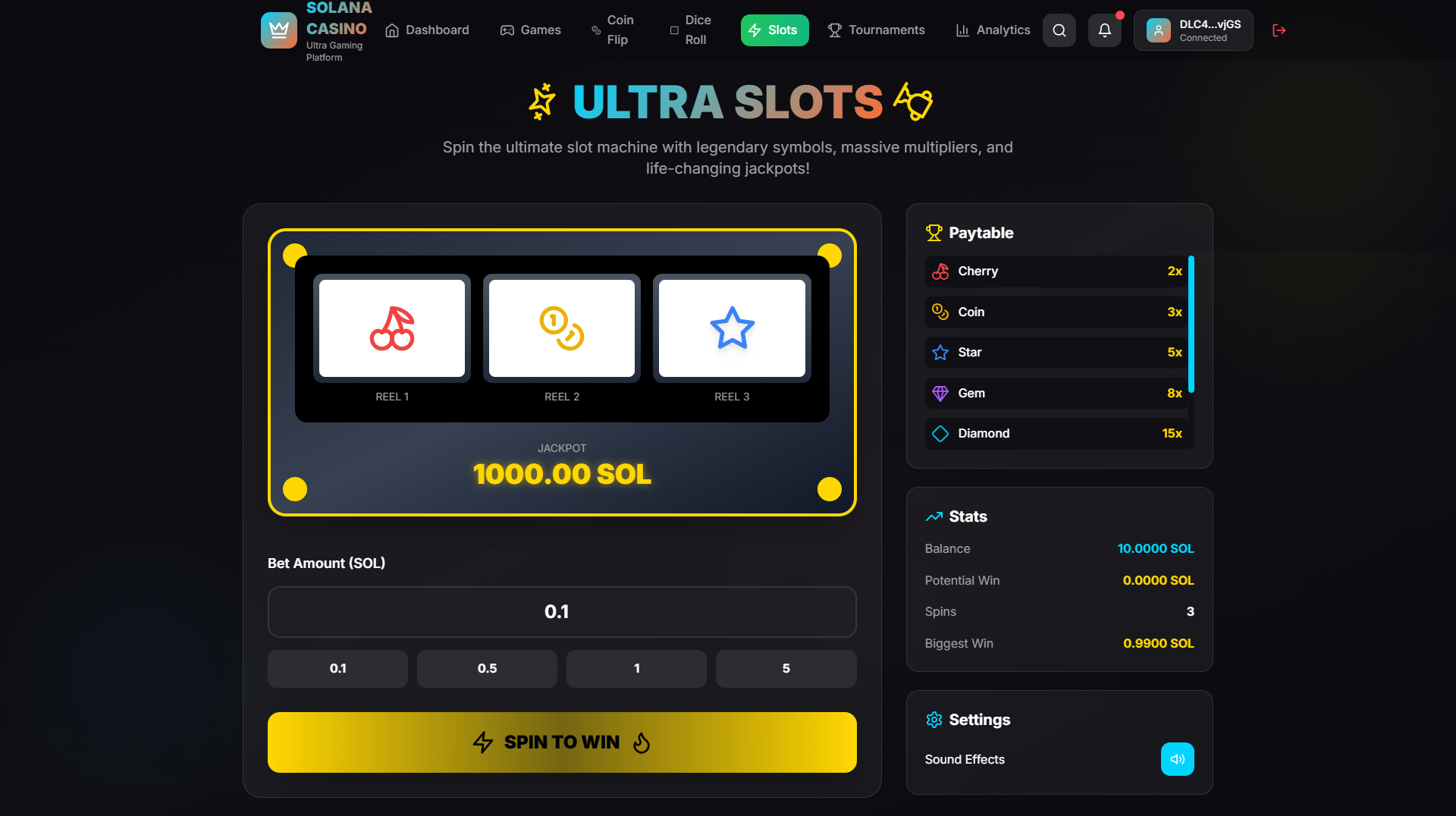 provably fair dice game Solana casino screenshot