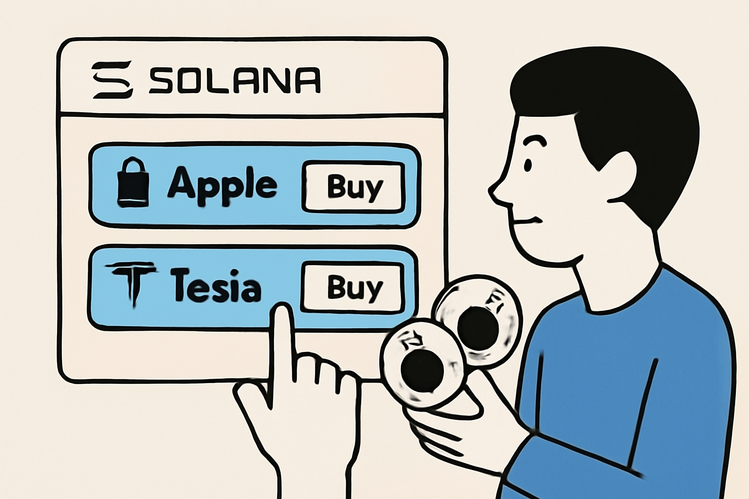 A user selecting and purchasing digital tokens representing Apple and Tesla stocks on a Solana-based trading platform.