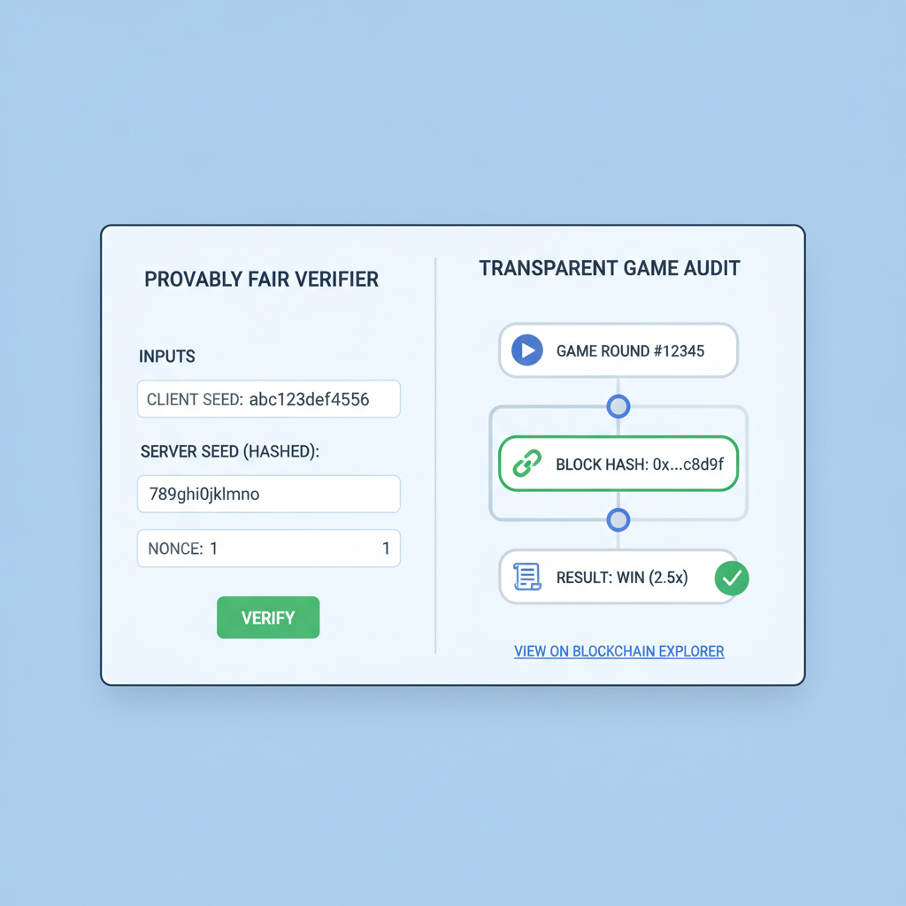 provably fair verifier tool showing seeds and transparent game audit on blockchain UI