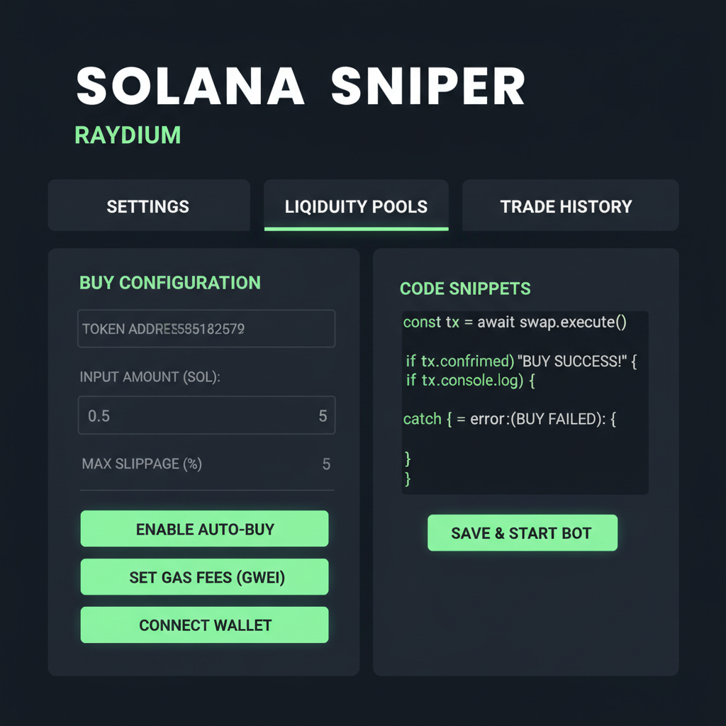 Solana sniper bot interface configuring buy settings for Raydium, code snippets, green buy buttons, dark mode tech aesthetic