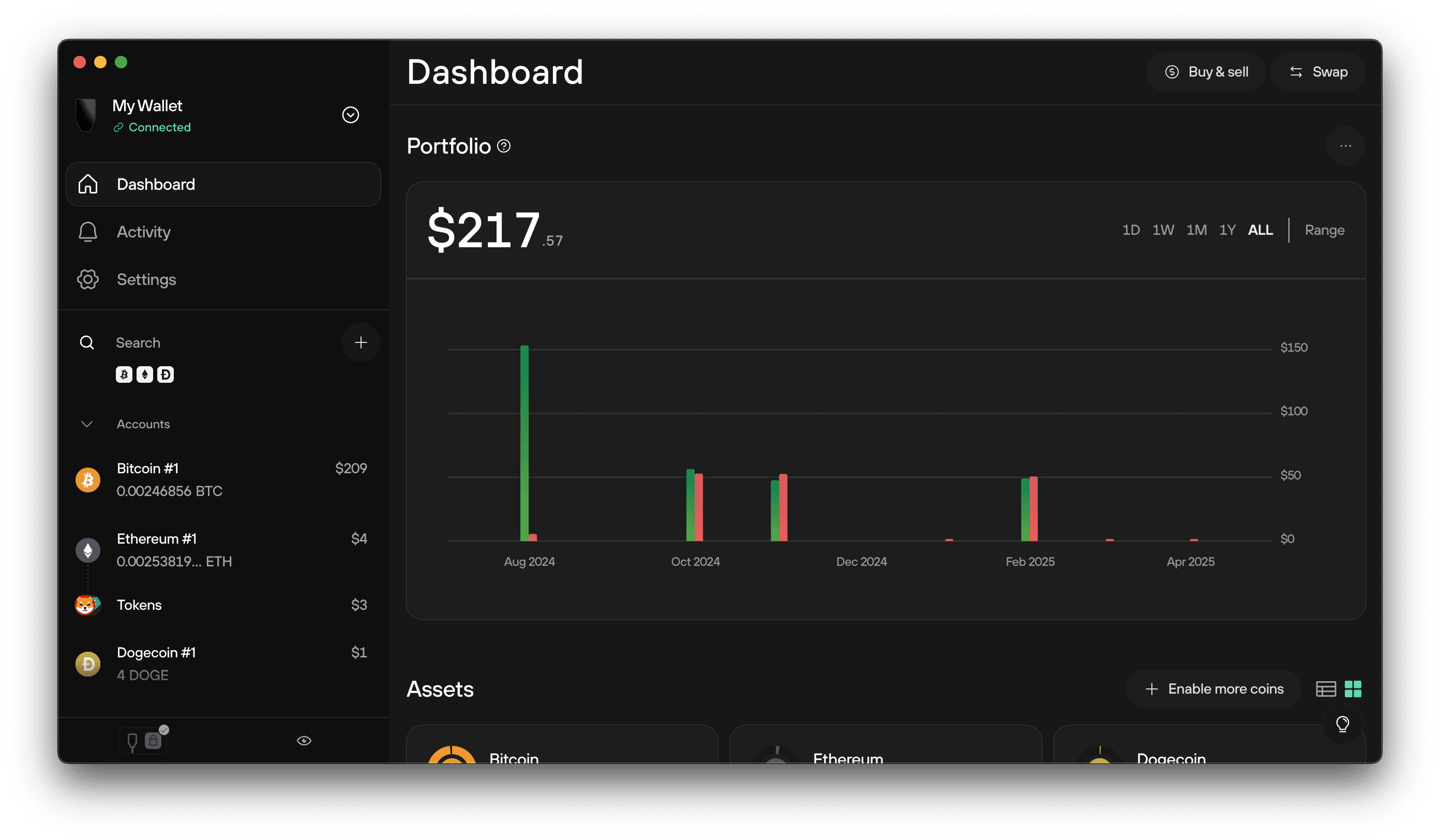 Backpack wallet dashboard displaying multi-chain asset balances for Solana, Ethereum, Arbitrum, and Optimism in a clean, user-friendly interface