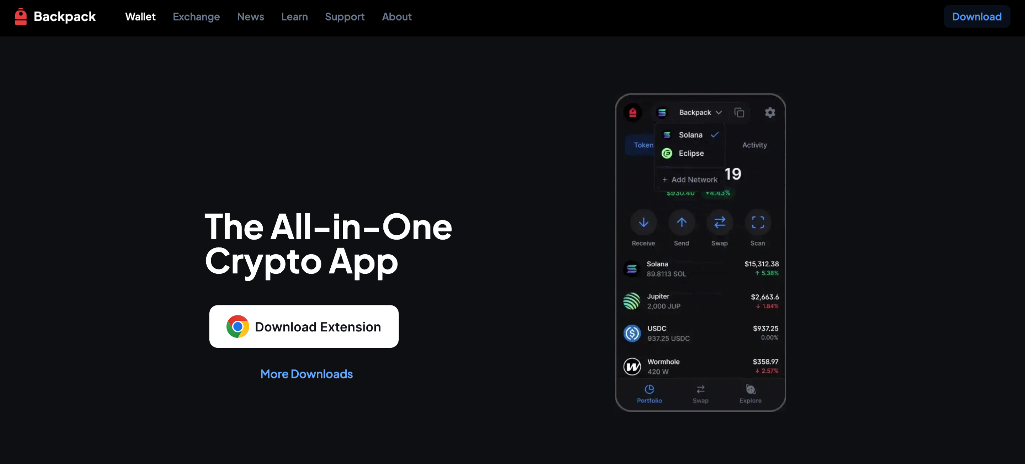 Backpack Wallet multi-chain support interface screenshot