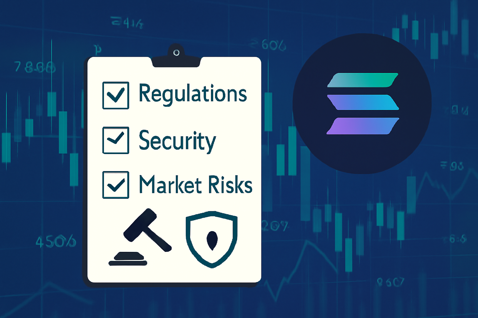 A checklist with icons for regulations, security, and market risks, set against a background of digital stocks and Solana graphics.